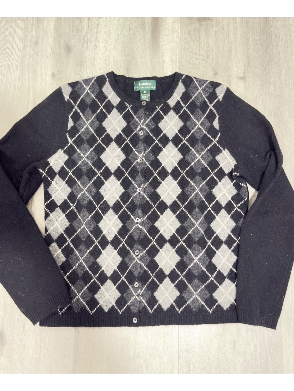 Vintage Lauren Ralph Lauren Women Cardigan Argyle Pattern Black Gray M